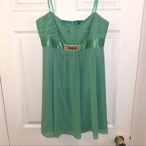 BCBGMAXAZRIA EMERALD GREEN/BLUE SILK CHIFFON WOVEN STRAPLESS MINI COCKTAIL DRESS - Picture 3 of 14